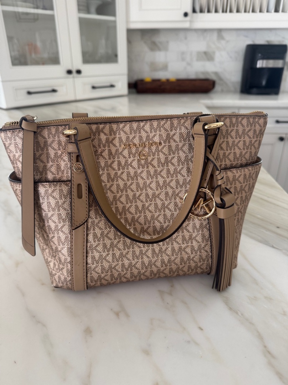 Michael Kors Gold Logo Tote with Tassel Charm